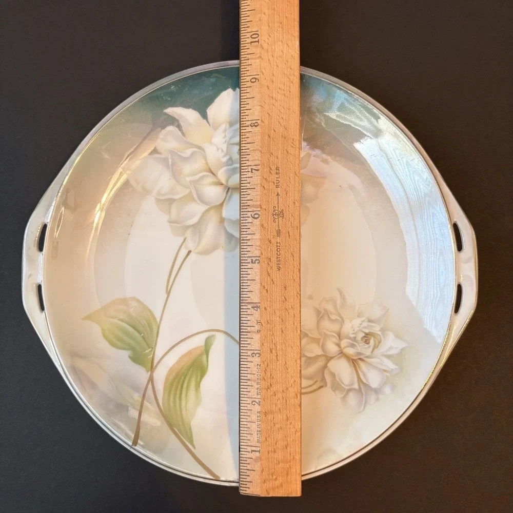 Antique RS Germany Floral Cake Plate‎ Gold Trim Handles Luster Finish